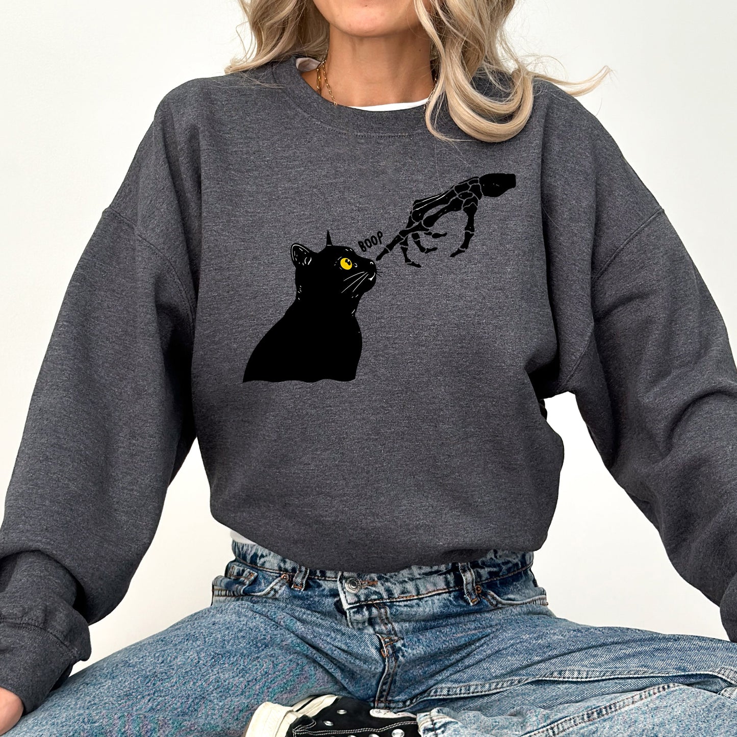 Boop Cat, Skeleton, Funny, Ghost, Halloween, Western, Vintage, Pumpkin, Retro, Spooky, Costume, Fall, Graphic Sweatshirt
