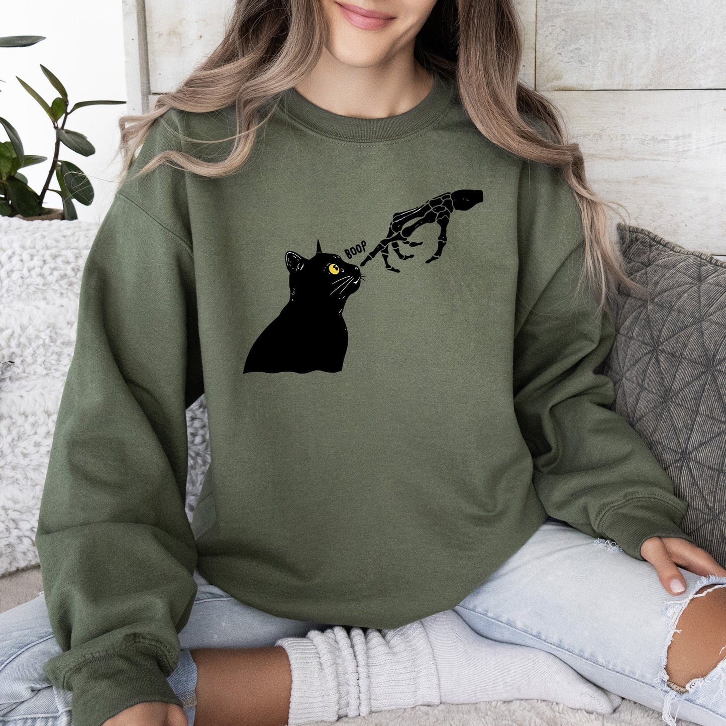 Boop Cat, Skeleton, Funny, Ghost, Halloween, Western, Vintage, Pumpkin, Retro, Spooky, Costume, Fall, Graphic Sweatshirt