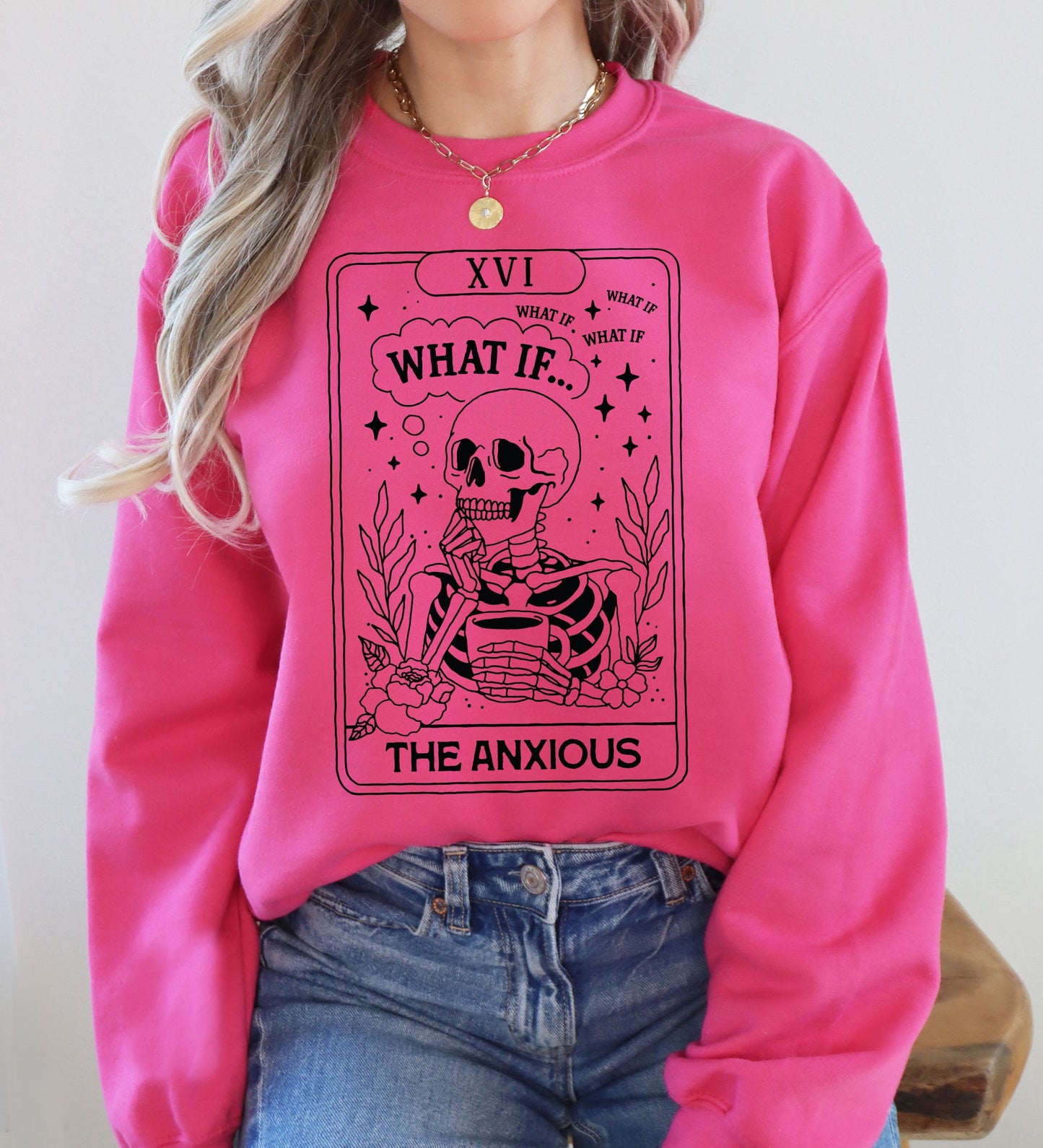 What If, The Anxious, Skeleton, Funny, Tarot Card, Ghost, Halloween, Western, Vintage, Pumpkin, Retro, Spooky, Costume, Fall, Graphic Sweatshirt