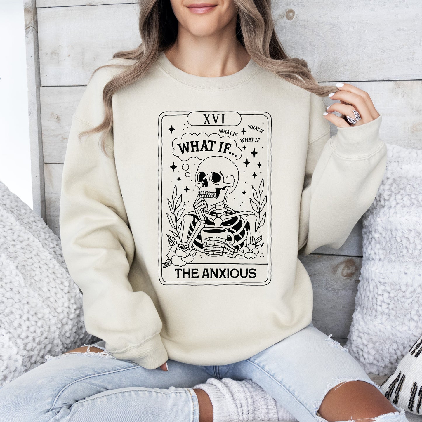 What If, The Anxious, Skeleton, Funny, Tarot Card, Ghost, Halloween, Western, Vintage, Pumpkin, Retro, Spooky, Costume, Fall, Graphic Sweatshirt