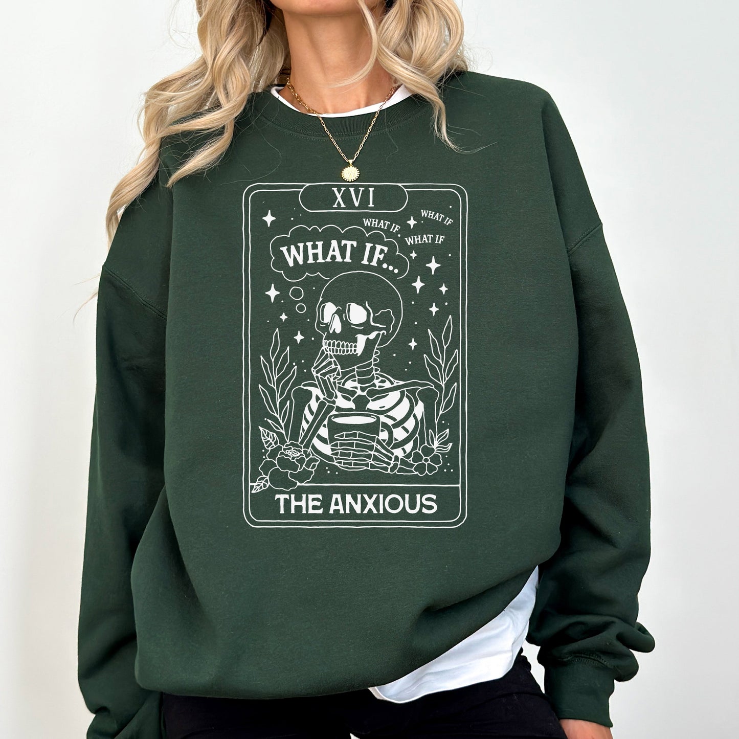 What If, The Anxious, Skeleton, Funny, Tarot Card, Ghost, Halloween, Western, Vintage, Pumpkin, Retro, Spooky, Costume, Fall, Graphic Sweatshirt
