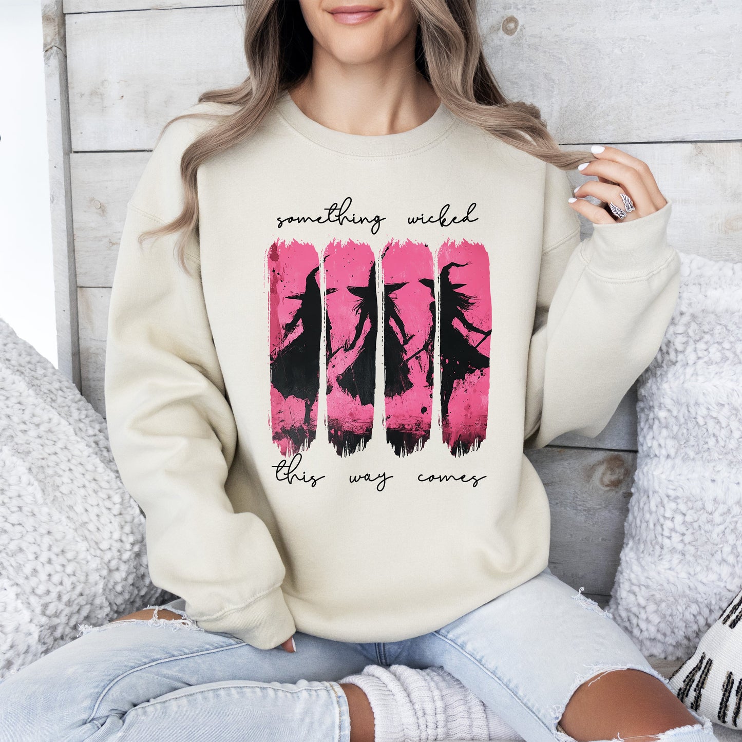 Something Wicked, Witch, Skeleton, Ghost, Halloween, Western, Vintage, Pumpkin, Retro, Spooky, Costume, Fall, Graphic Sweatshirt