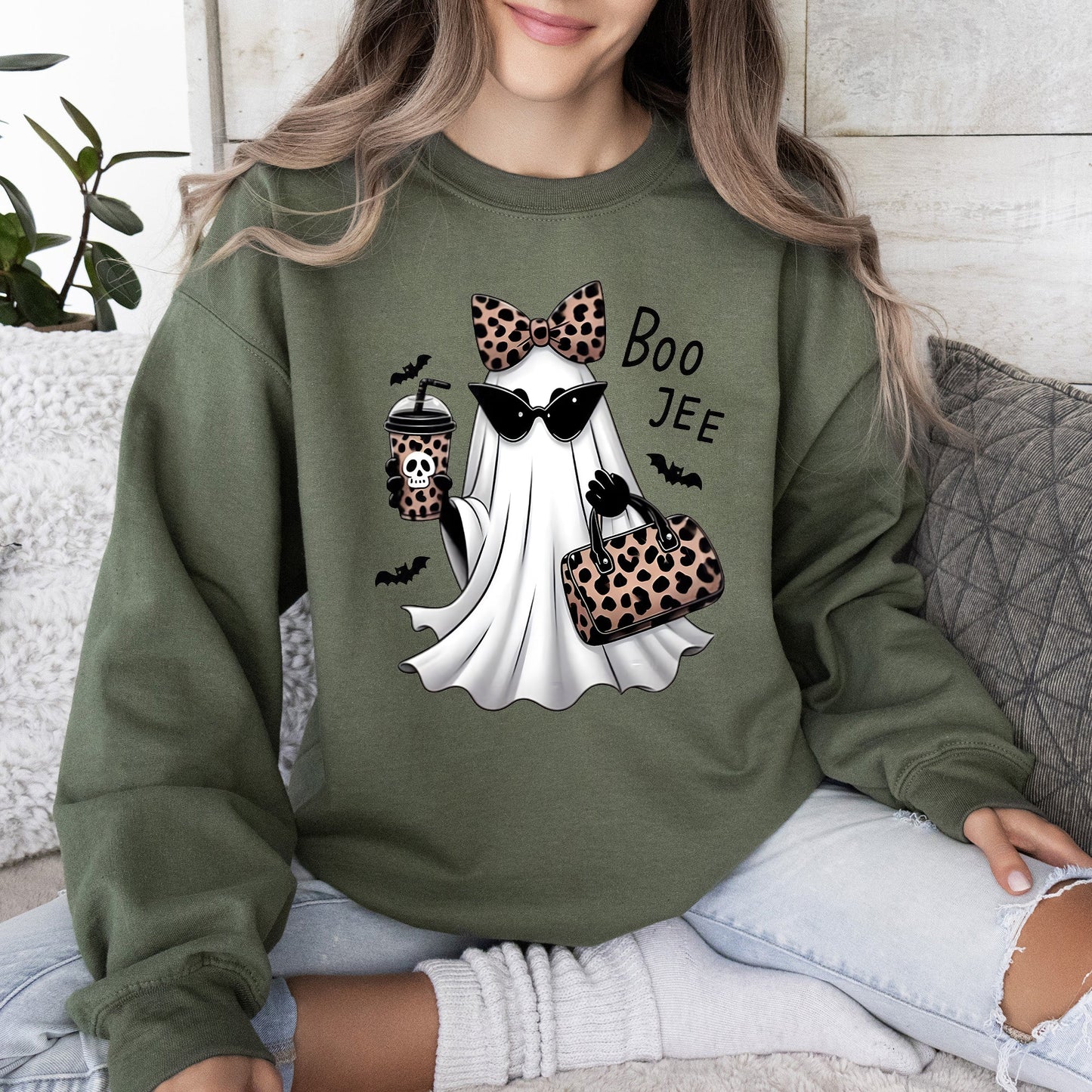 Fancy Boujee Ghost, Halloween, Bow, Coquette, Western, Vintage, Pumpkin, Retro, Spooky, Costume, Fall, Graphic Sweatshirt