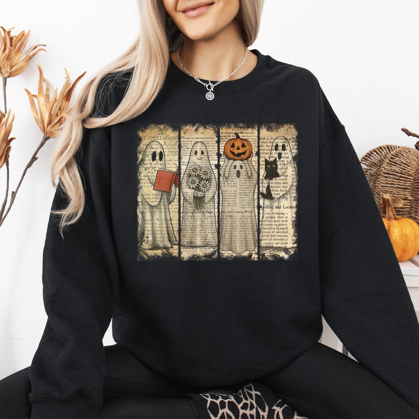 Vintage Newspaper Ghost, Halloween, Book, Cat, Western, Pumpkin, Retro, Spooky, Costume, Fall, Graphic Sweatshirt