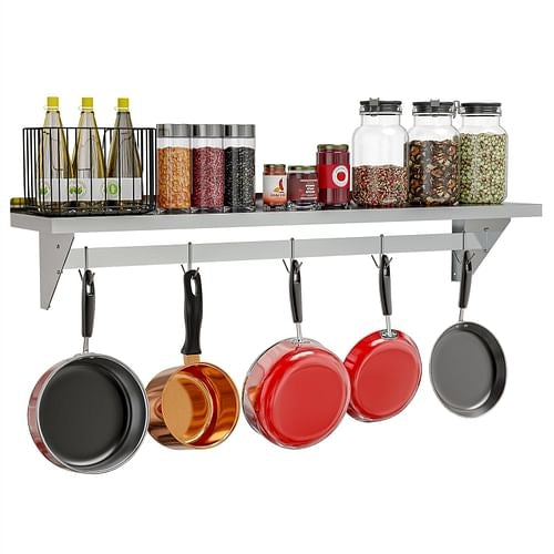 Stainless Steel Heavy Duty Wall Shelf with Pot Rack - 12 inches x 60