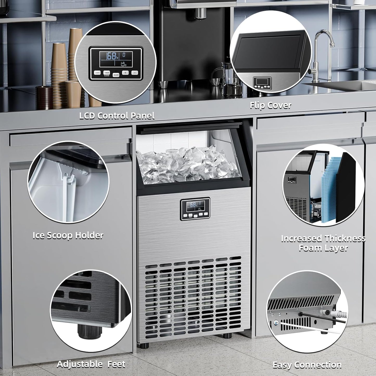 Commercial Ice Maker Machine,100lbs/24H Moon-Shaped Ice Machine with 28 Lbs Storage Capacity