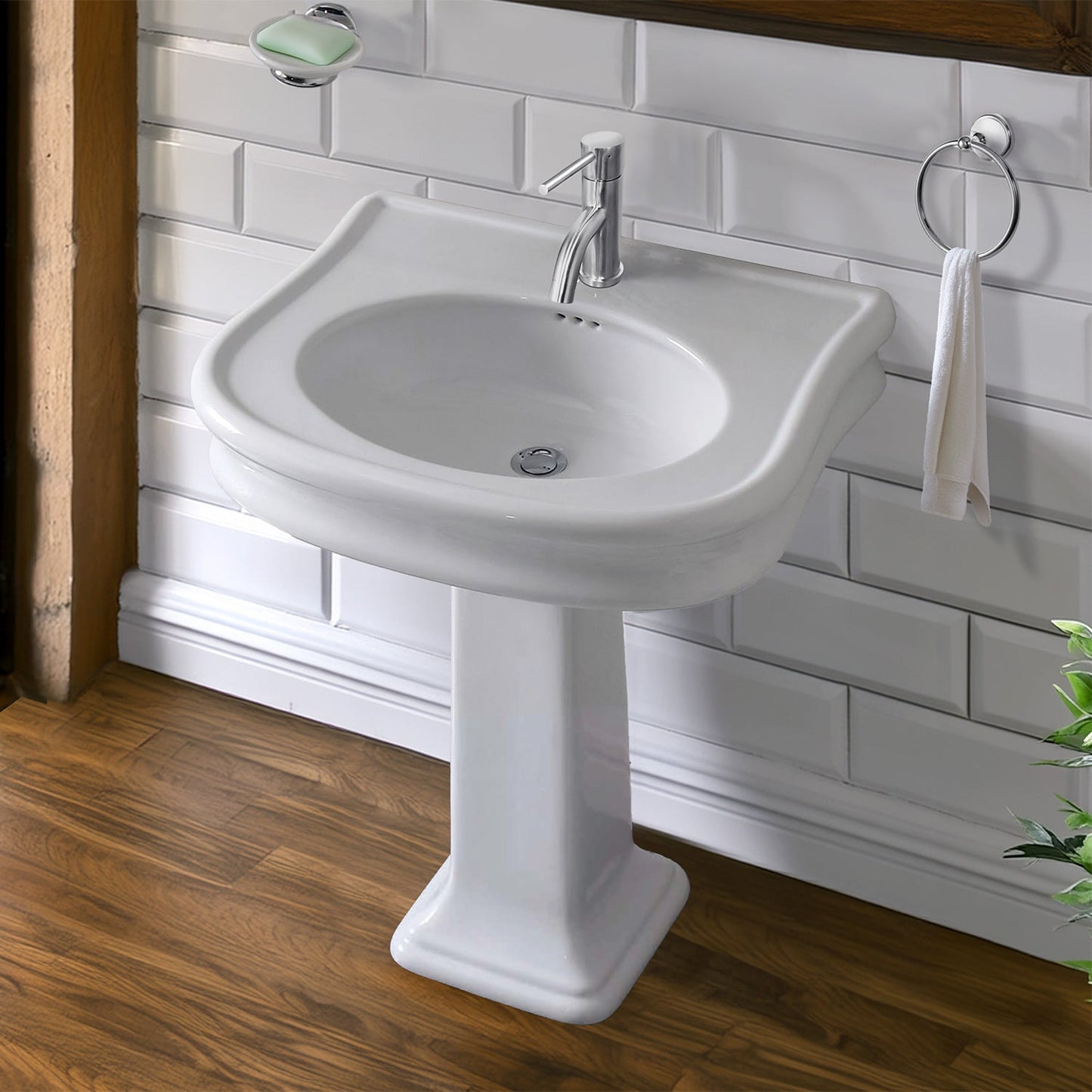 Isabella Collection Traditional Pedestal Sink with Integrated Oval Bowl, Seamless Rounded Decorative Trim, Rear Overflow and Hole Faucet Drill