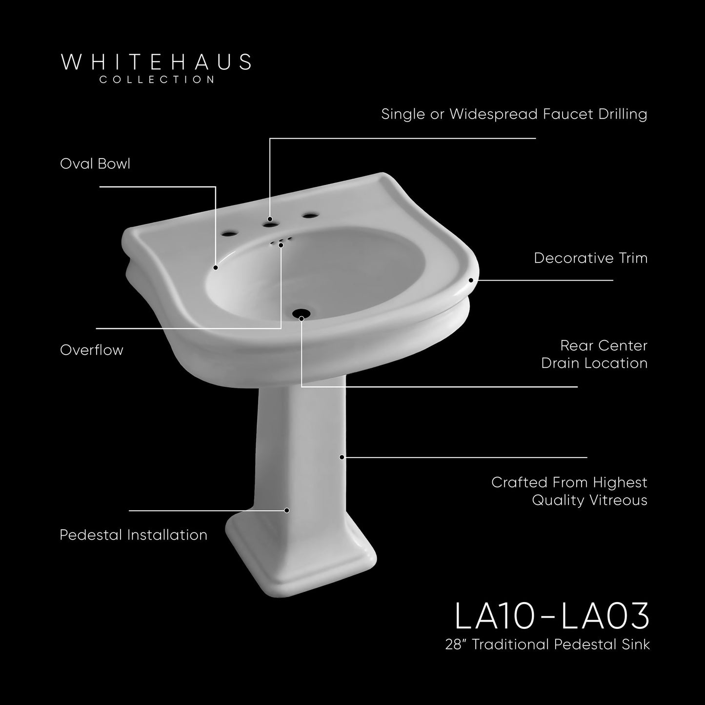 Isabella Collection Traditional Pedestal Sink with Integrated Oval Bowl, Seamless Rounded Decorative Trim, Rear Overflow and Hole Faucet Drill