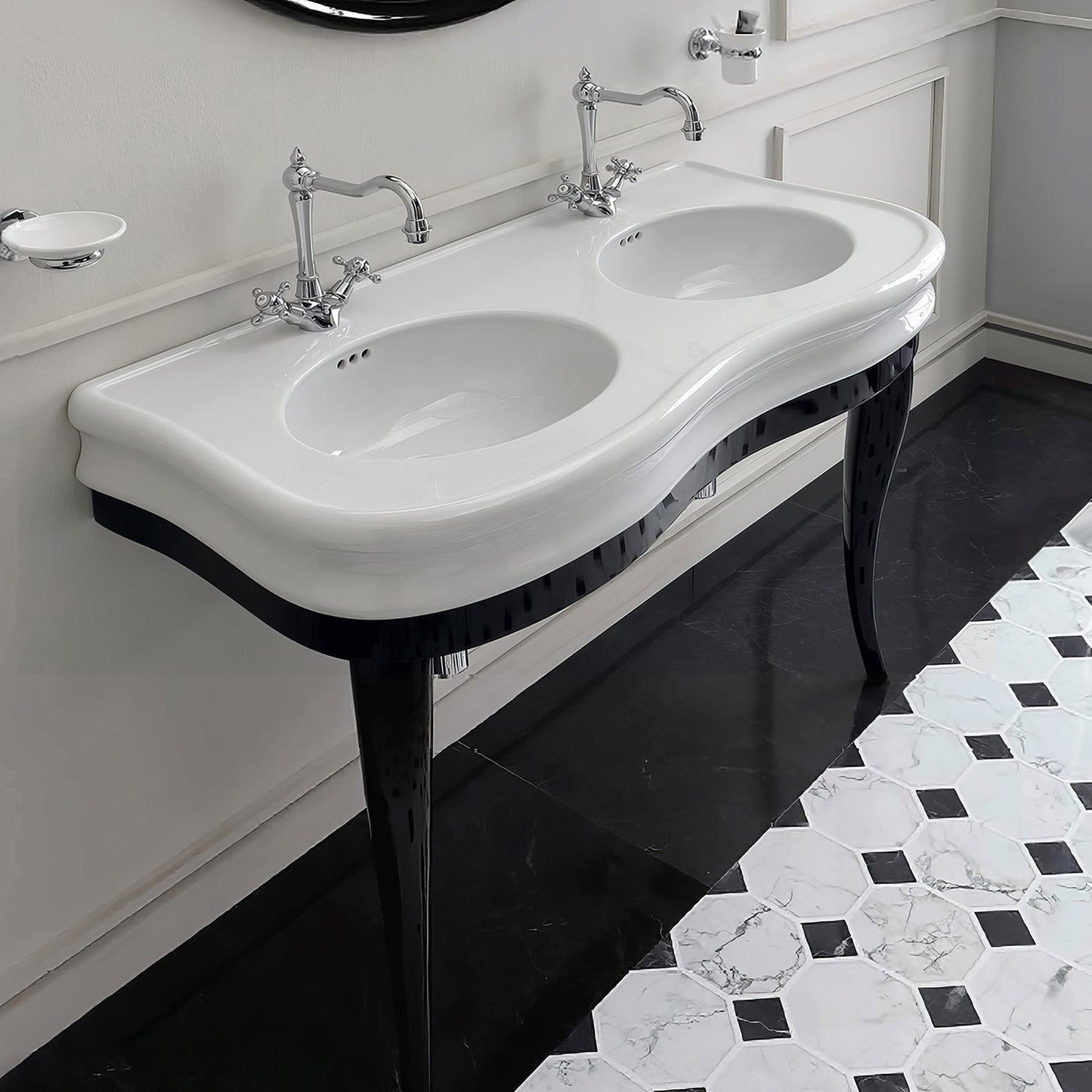 Isabella Collection Large Console with integrated oval bowls, Overflow and Black Wooden Leg Support
