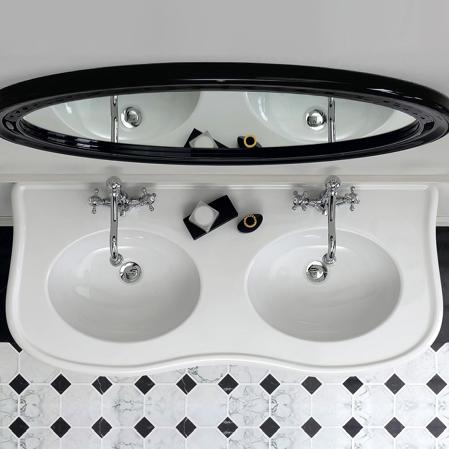 Isabella Collection Large Console with integrated oval bowls, Overflow and Black Wooden Leg Support