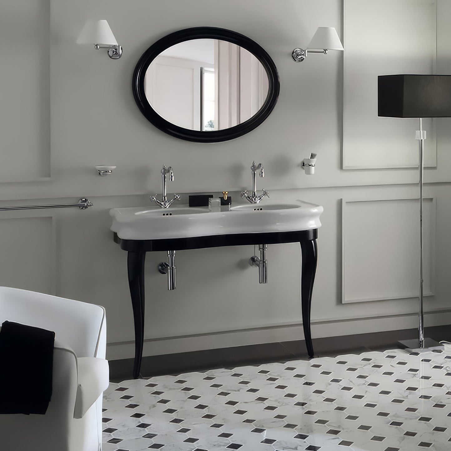 Isabella Collection Large Console with integrated oval bowls, Overflow and Black Wooden Leg Support