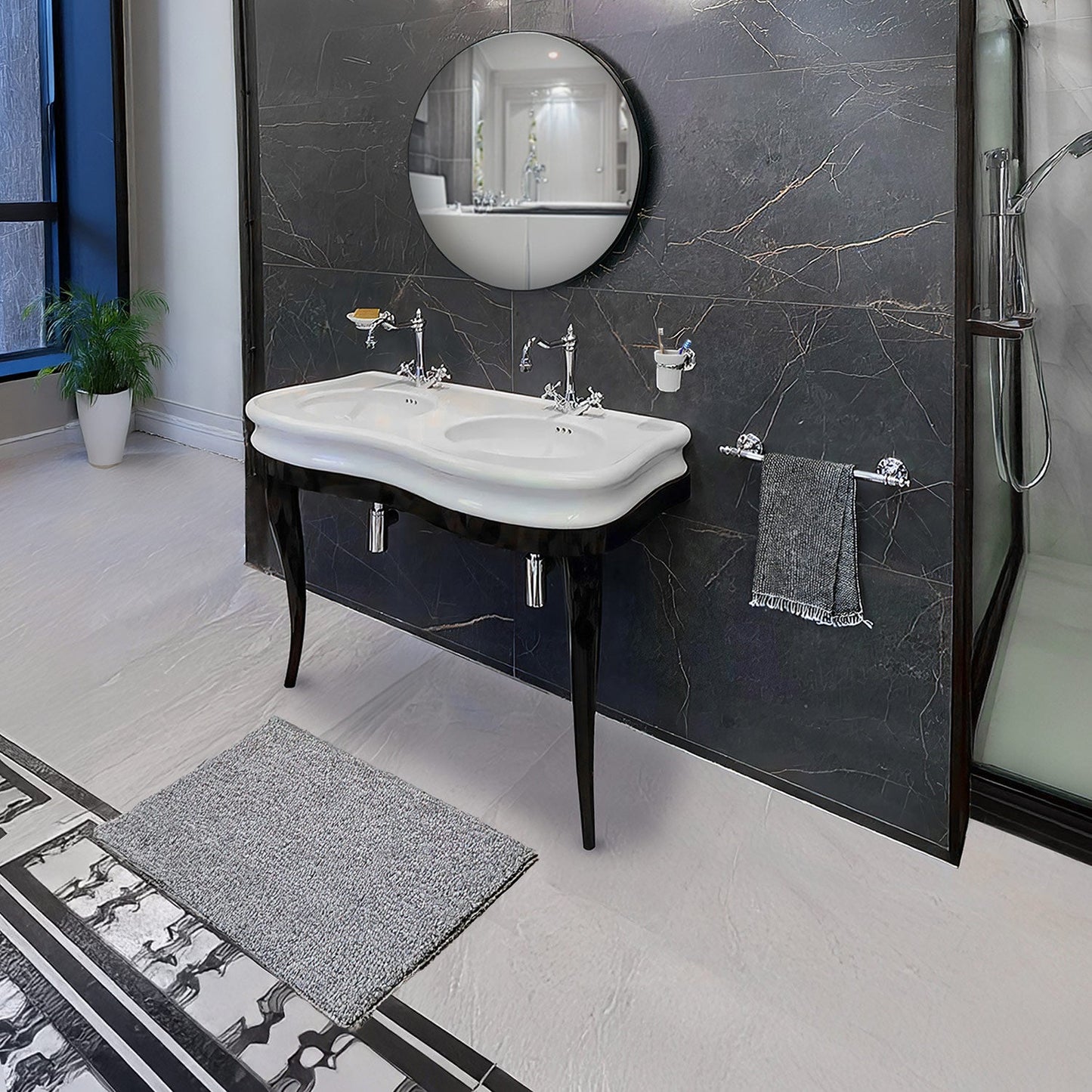 Isabella Collection Large Console with integrated oval bowls, Overflow and Black Wooden Leg Support