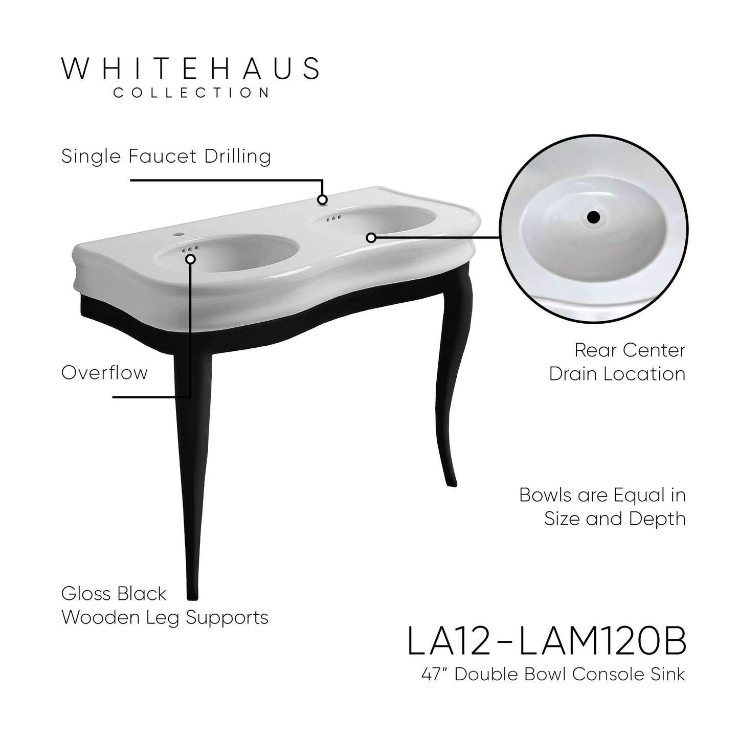 Isabella Collection Large Console with integrated oval bowls, Overflow and Black Wooden Leg Support