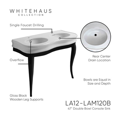 Isabella Collection Large Console with integrated oval bowls, Overflow and Black Wooden Leg Support