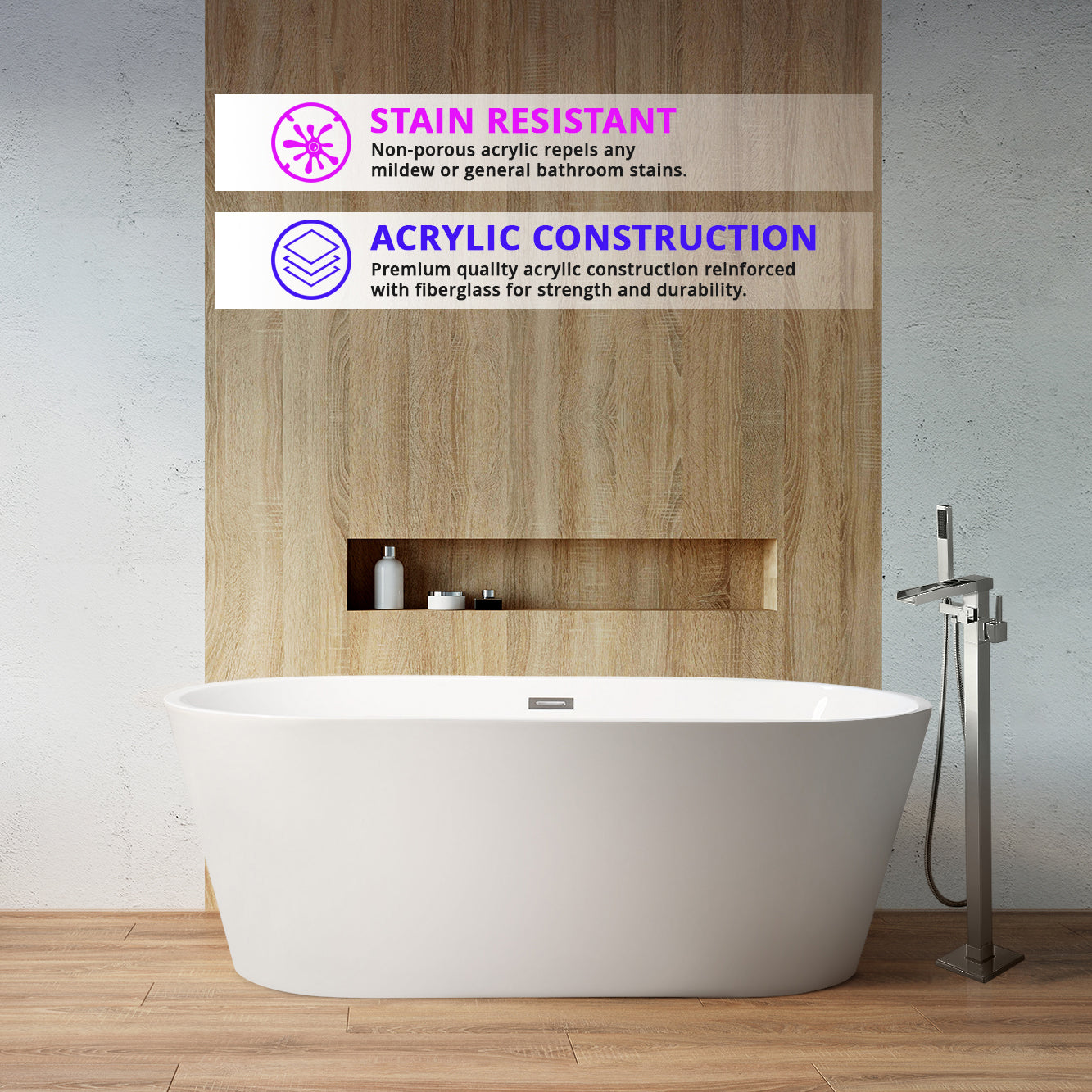 Melina 63 in White Freestanding Acrylic Flatbottom Soaking Bathtub
