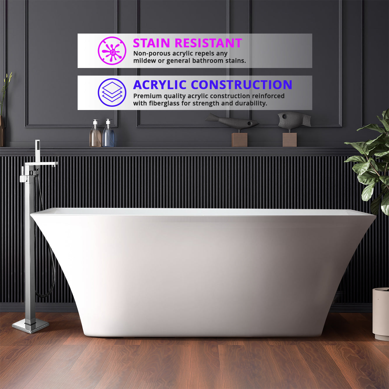 Vinter 59 in White Freestanding Acrylic Flatbottom Soaking Bathtub