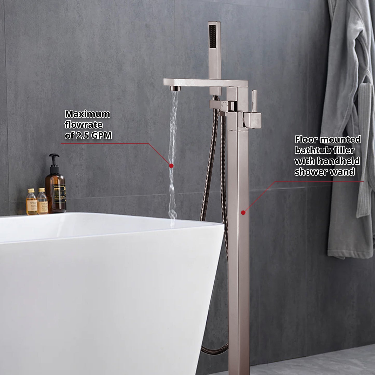 Mare Single Handle Freestanding Floor Mount Tub Faucet Bathtub Filler with Hand Shower