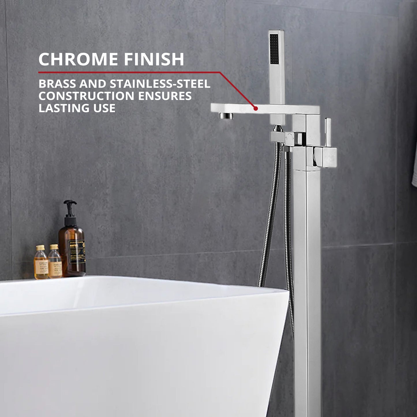 Mare Single Handle Freestanding Floor Mount Tub Faucet Bathtub Filler with Hand Shower