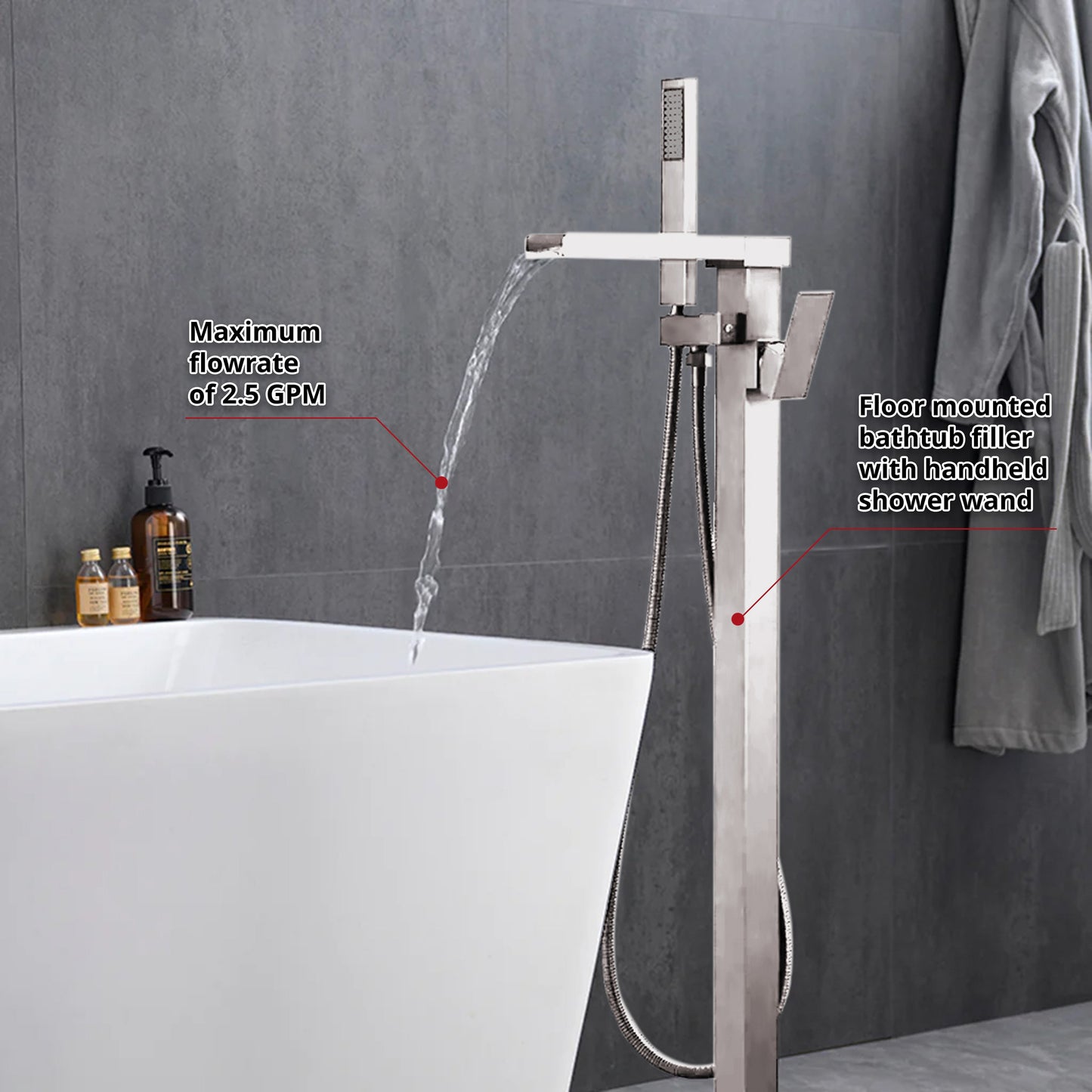 Cascata Single Handle Freestanding Floor Mount Tub Faucet Bathtub Filler with Hand Shower