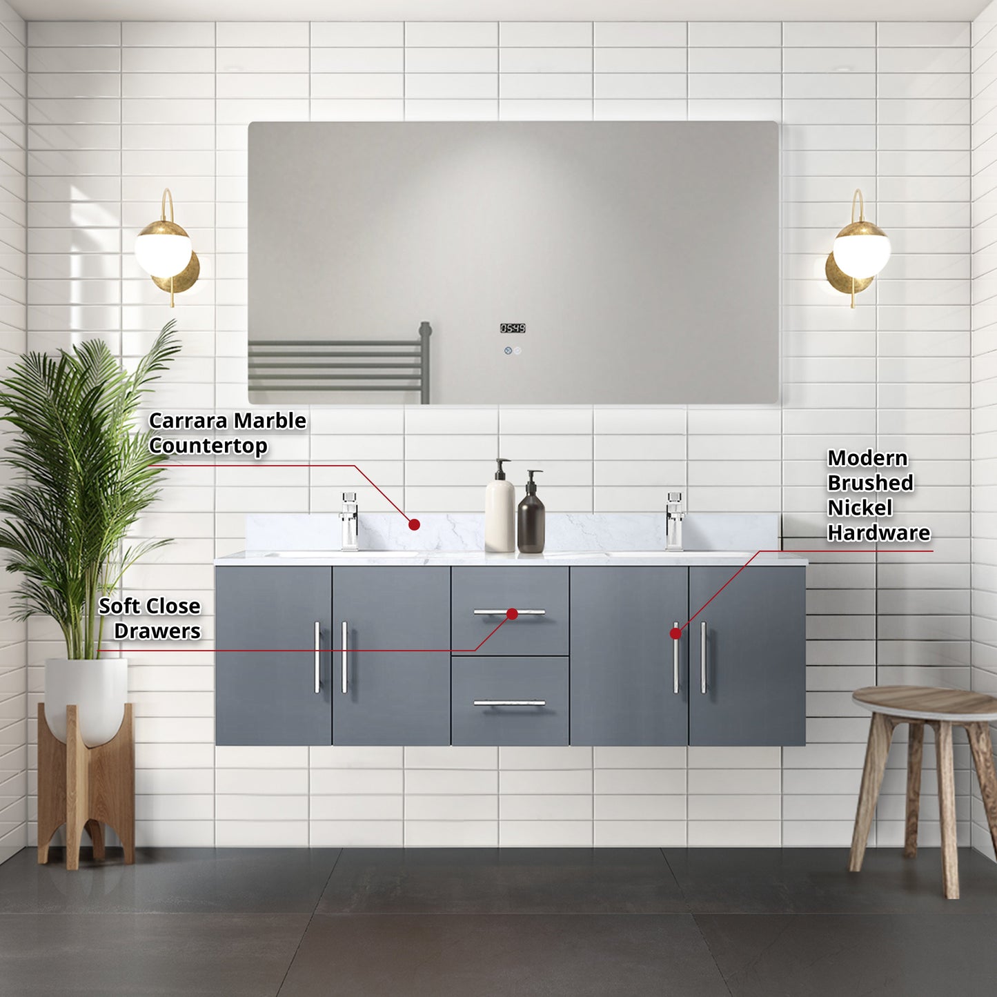 Geneva 60 in. W x 22 in. D Dark Grey Double Bath Vanity