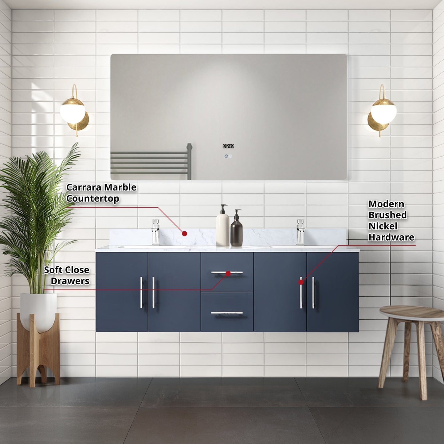 Geneva 60 in. W x 22 in. D Navy Blue Double Bath Vanity