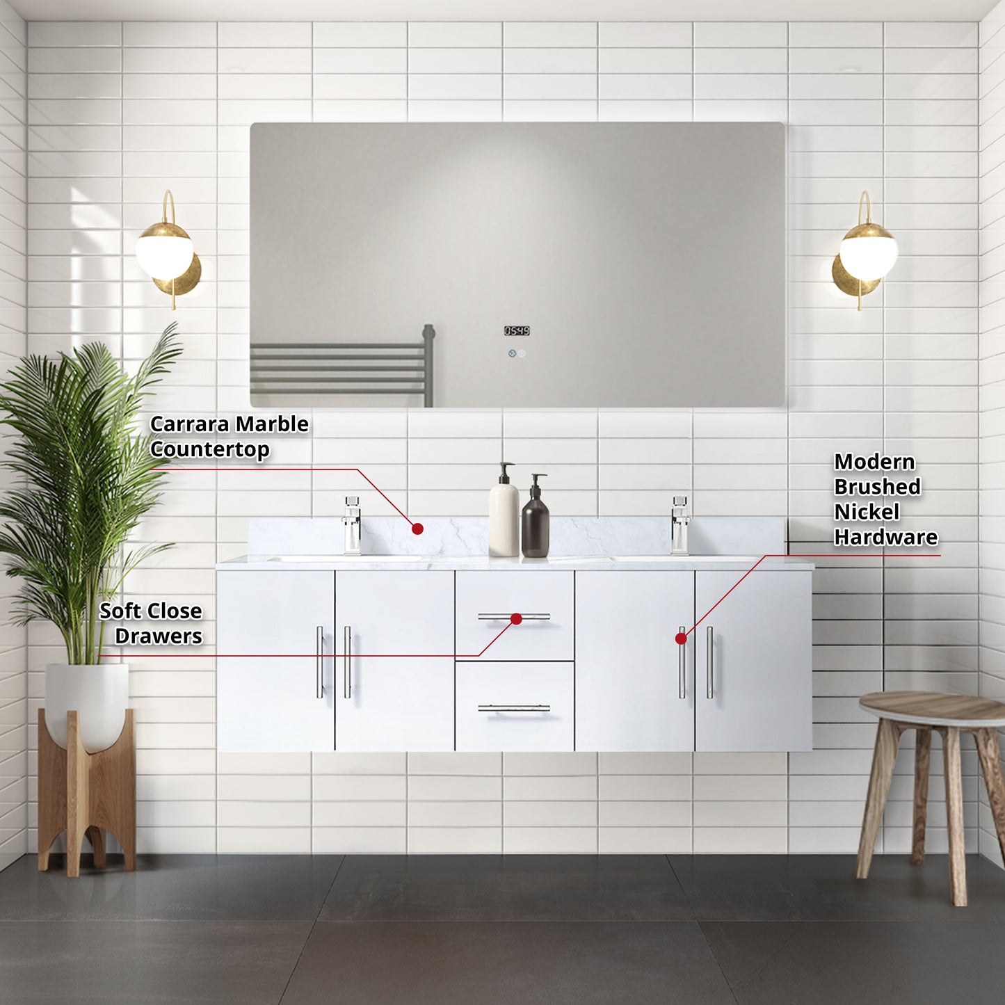 Geneva 60 in. W x 22 in. D Glossy White Double Bath Vanity