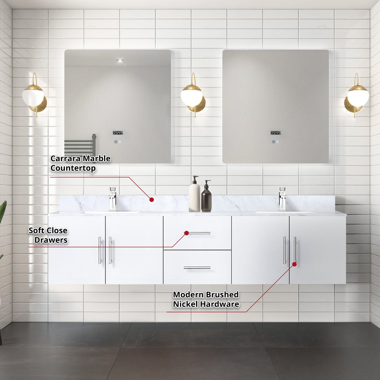 Geneva 80 in. W x 22 in. D Glossy White Double Bath Vanity