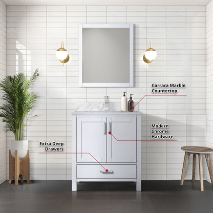Lexora Jacques 30" White Bathroom Vanity | Modern Solid Wood Cabinet