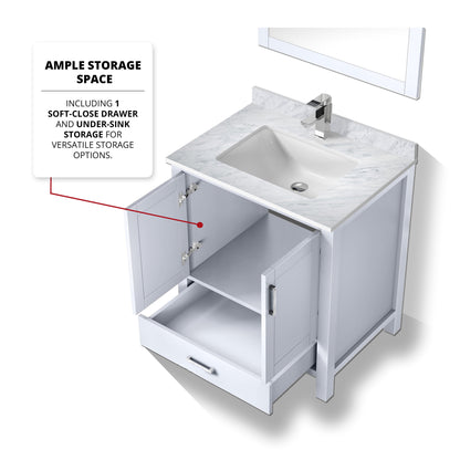 Lexora Jacques 30" White Bathroom Vanity | Modern Solid Wood Cabinet