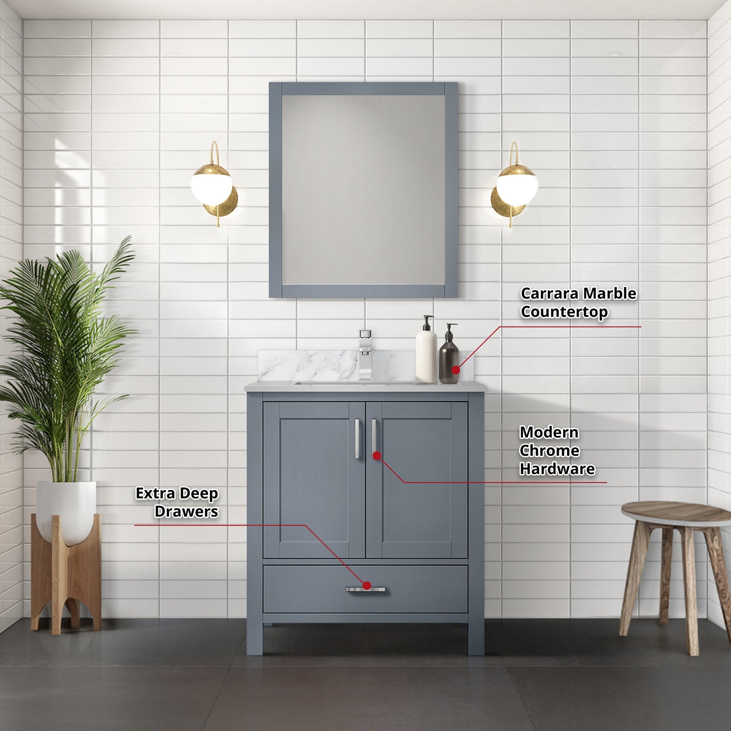 Lexora Jacques 30" Dark Grey Bathroom Vanity – Modern Solid Wood Freestanding Cabinet