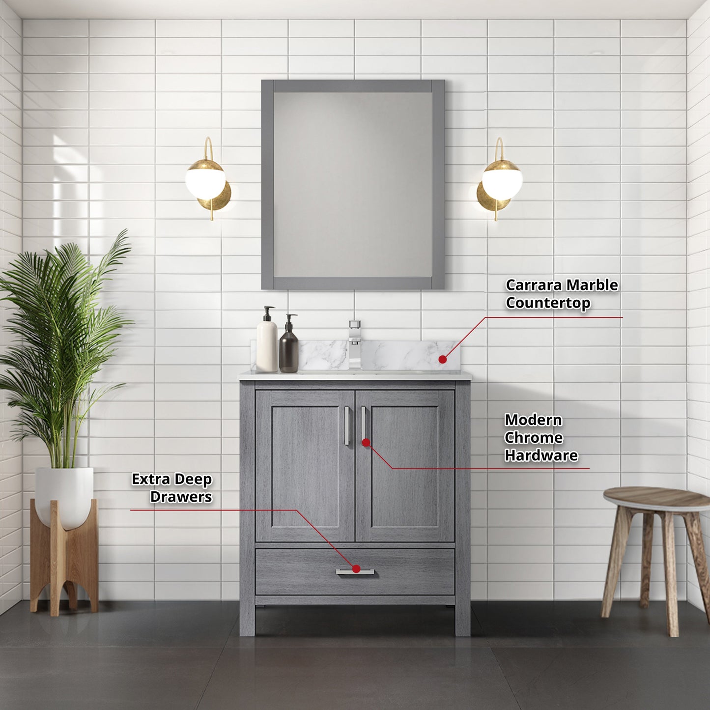 Lexora Jacques 30" Distressed Grey Bathroom Vanity – Solid Wood, Mid-Century Freestanding Storage Cabinet
