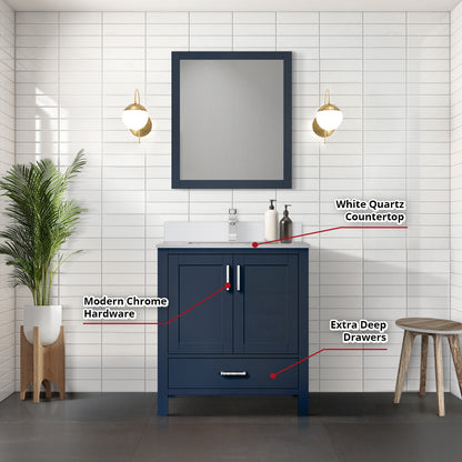 Lexora Jacques 30" Navy Blue Bathroom Vanity | Solid Wood Cabinet