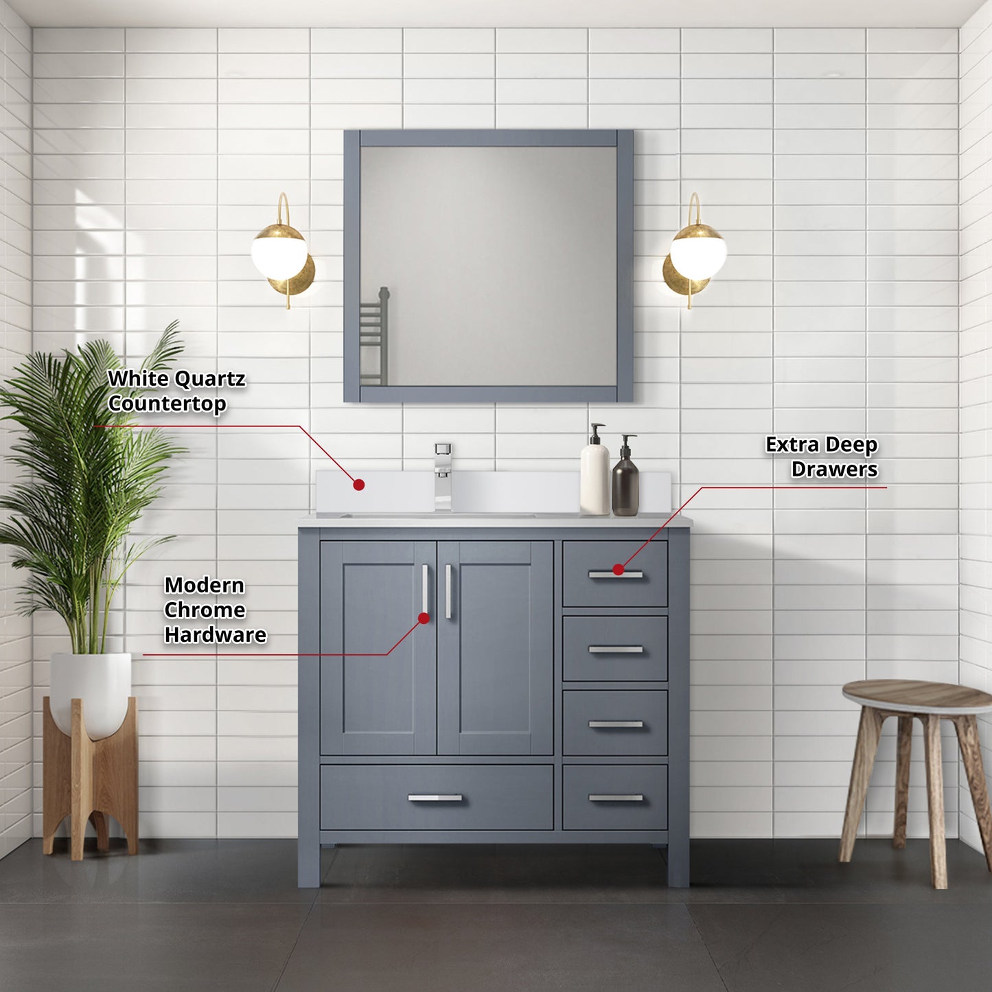 Lexora Jacques 36" Dark Grey Left-Offset Bathroom Vanity | Solid Wood