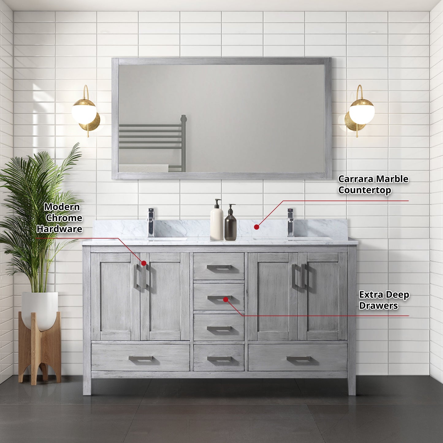 Jacques 60 in. W x 22 in. D Distressed Grey Double Bath Vanity