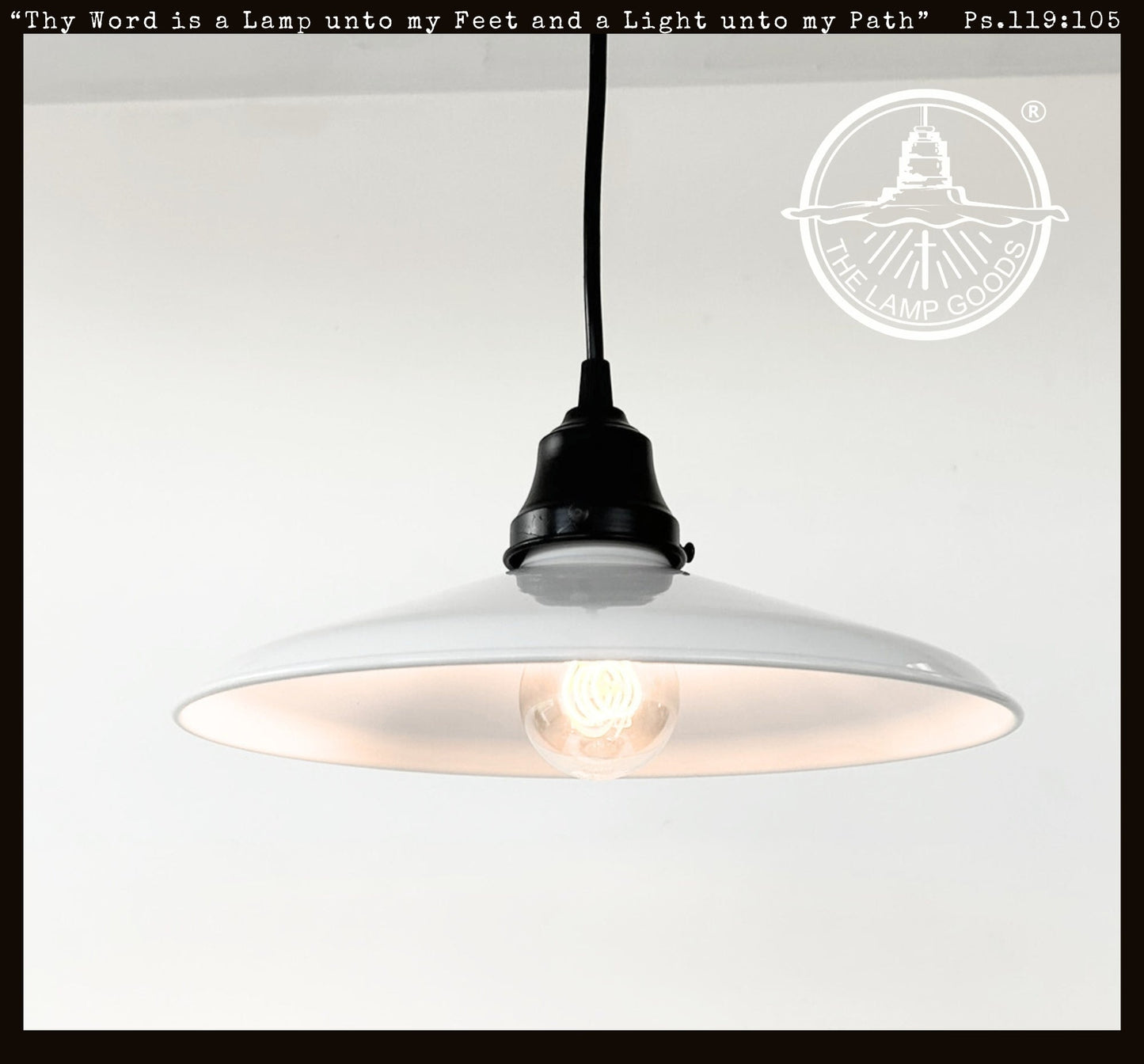 White pendant light with black fixture on a white background, featuring the 'The Lamp Goods' logo.