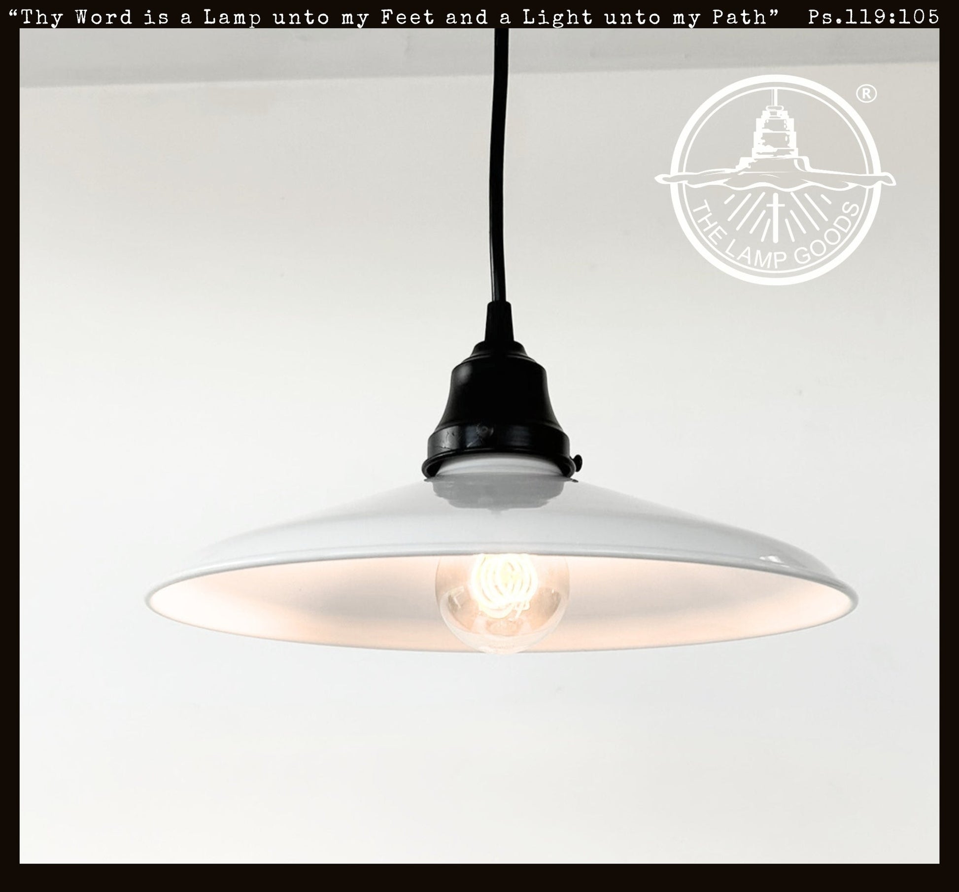 White pendant light with black fixture on a white background, featuring the 'The Lamp Goods' logo.