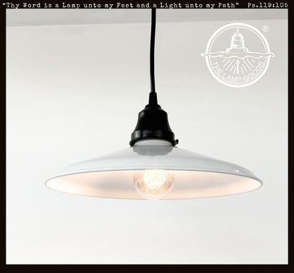 White pendant light with black fixture on a white background, featuring the 'The Lamp Goods' logo.