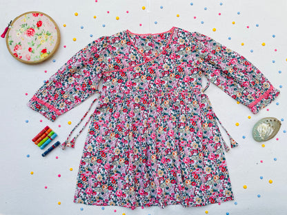 Long Sleeves Pink Bloom Overlap Girl's Cotton Dress