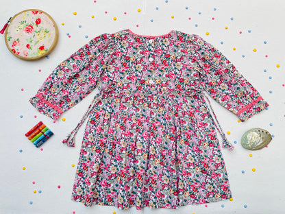 Long Sleeves Pink Bloom Overlap Girl's Cotton Dress