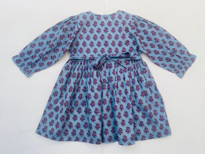 Long Sleeves Pale Blue Hand Block Printed Girl's Dress