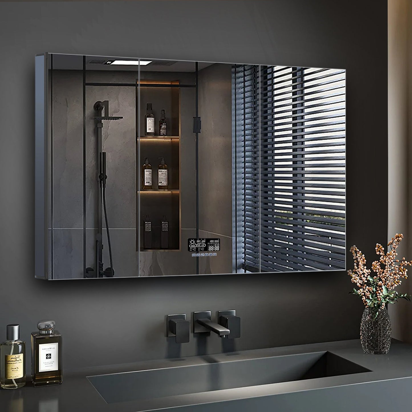 Savera 48 in. W x 32 in. H Recessed or Surface-Mount LED Mirror Medicine Cabinet with Defogger