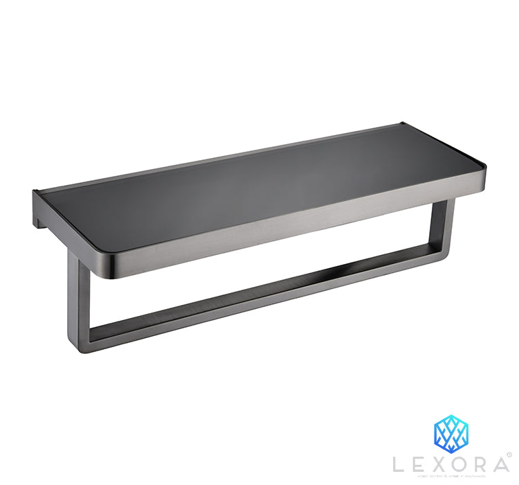 Bagno Bianca Stainless Steel Black Glass Shelf with Towel Bar