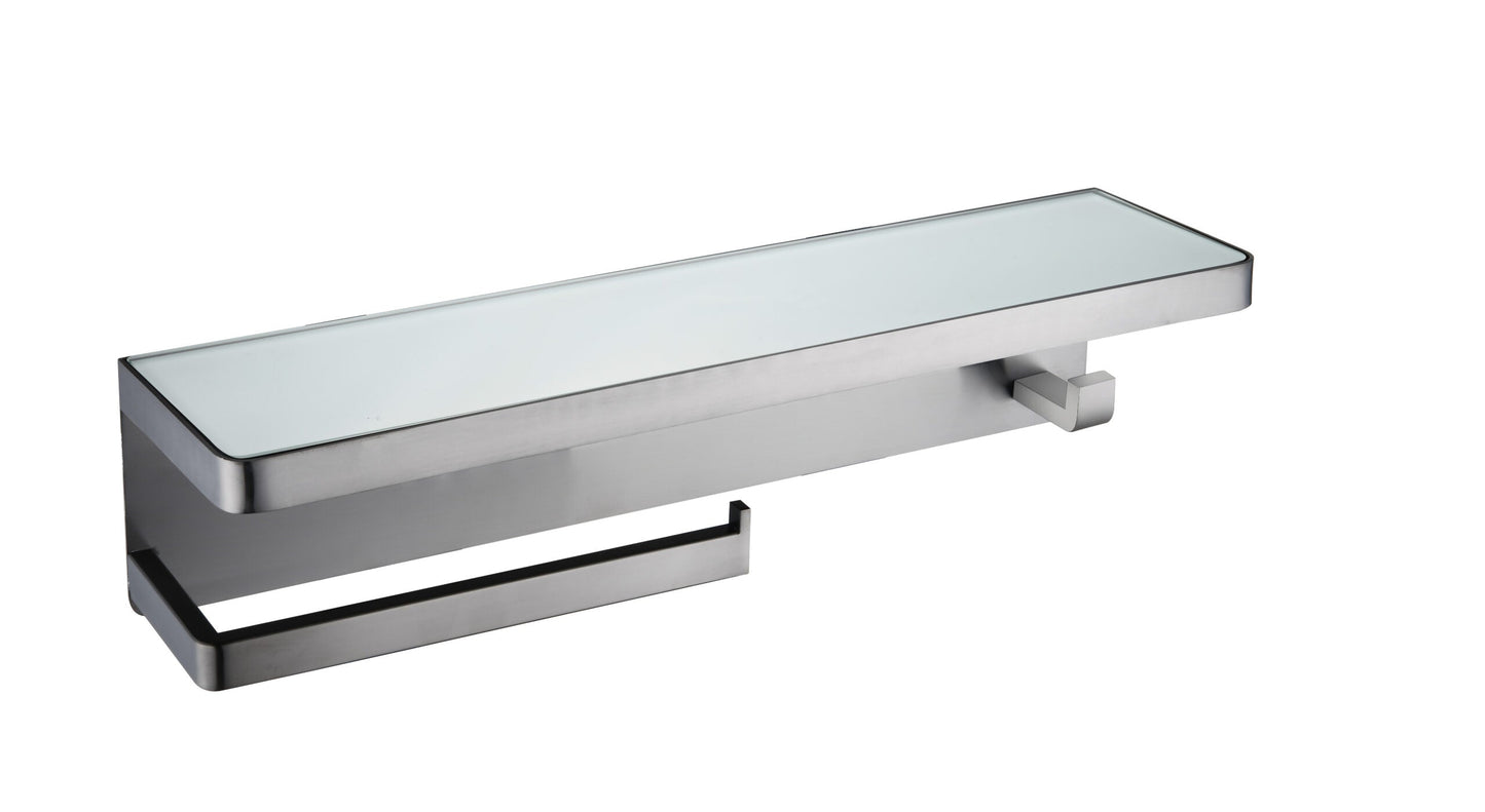 Bagno Bianca Stainless Steel White Glass Shelf with Towel Bar & Robe Hook