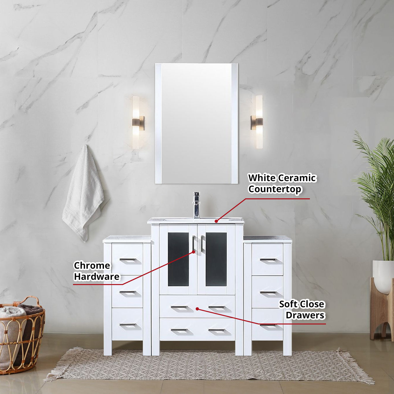 Volez 48 in W x 18.25 in D White Bath Vanity with Side Cabinets