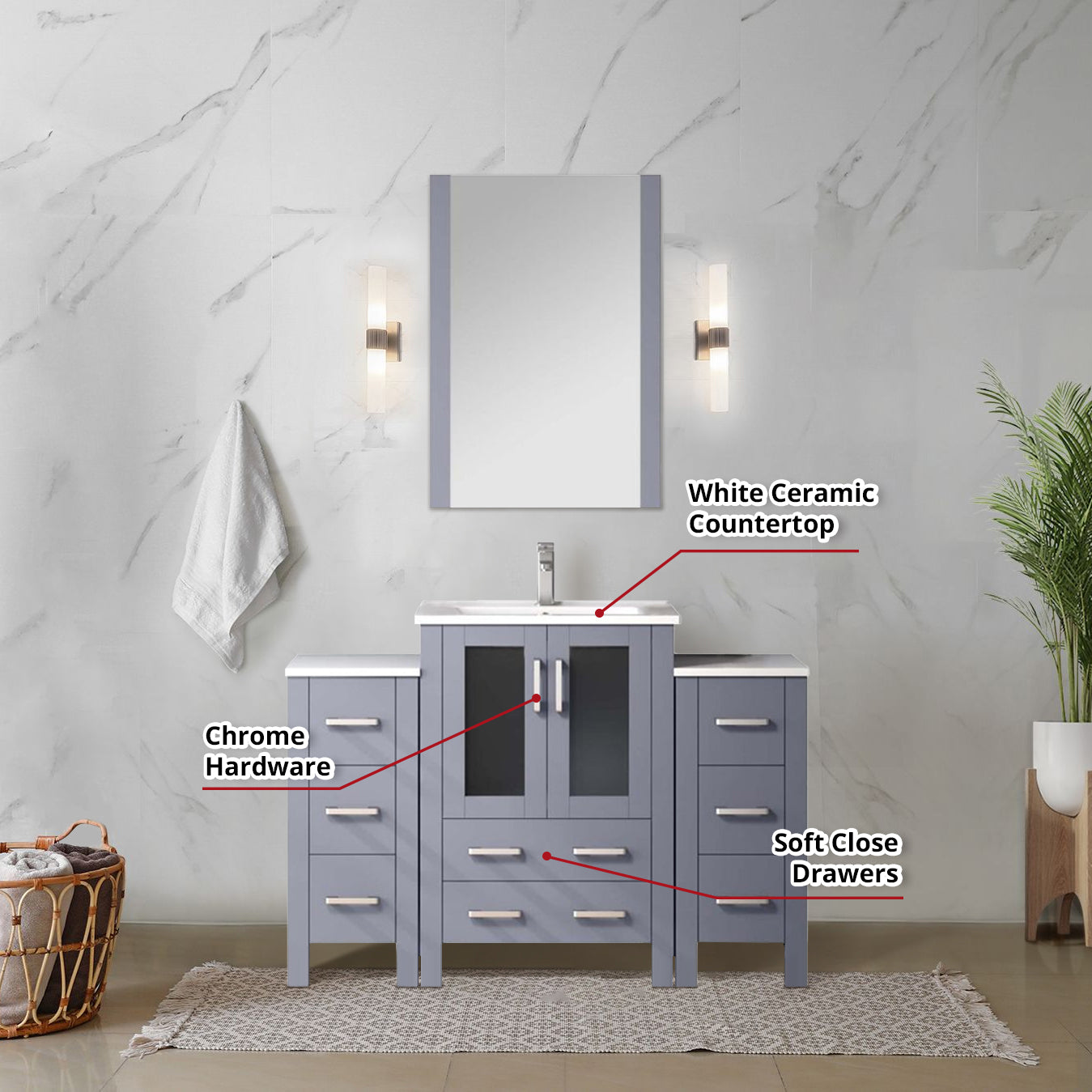 Volez 48 in W x 18.25 in D Dark Grey Bath Vanity with Side Cabinets