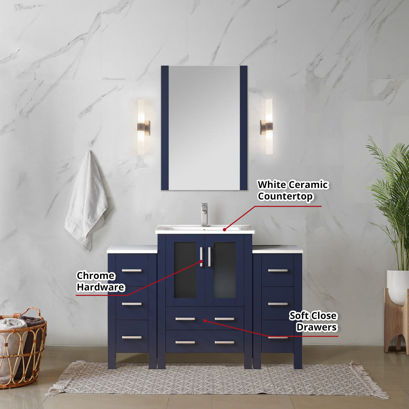 Volez 48 in W x 18.25 in D Navy Blue Bath Vanity with Side Cabinets