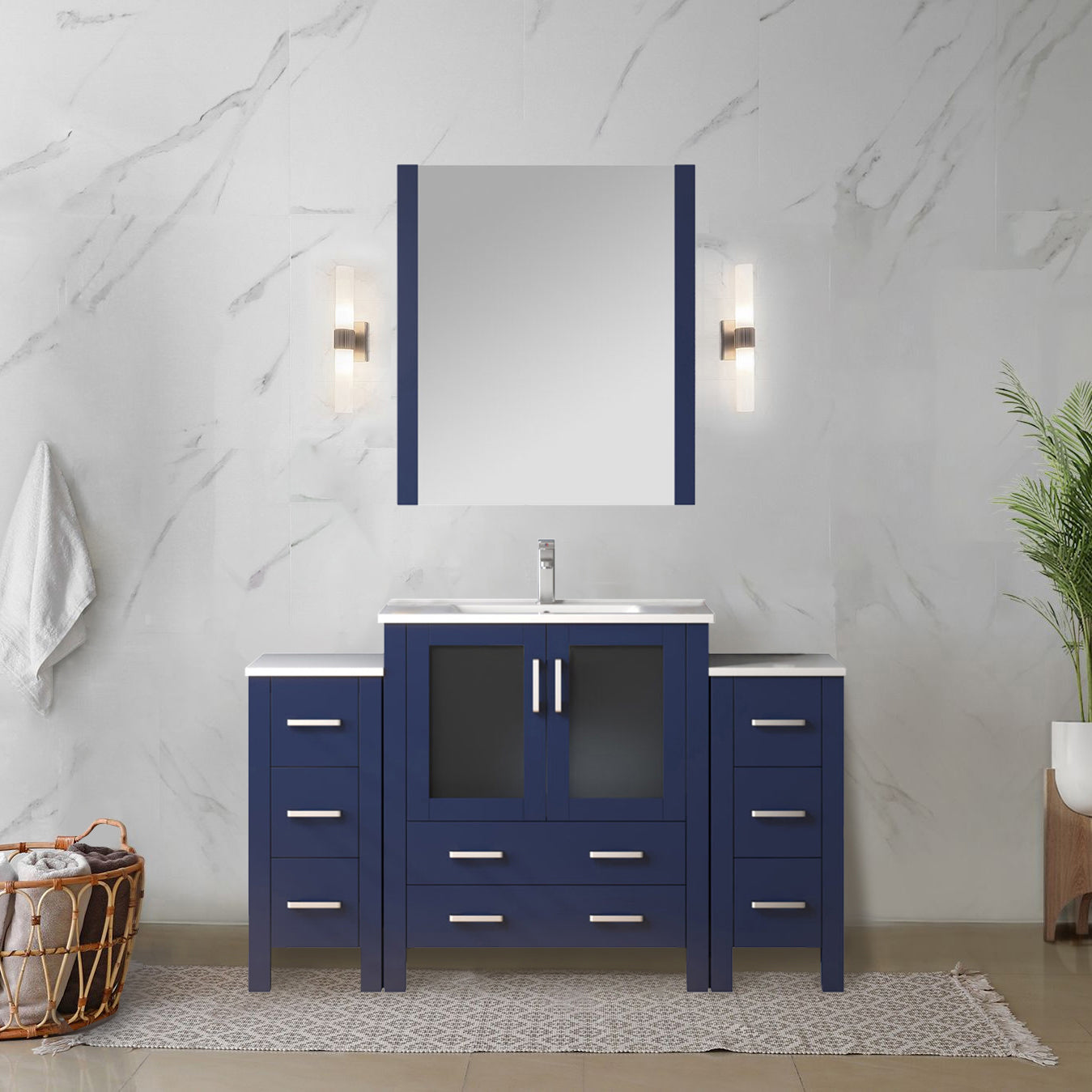Volez 54 in W x 18.25 in D Navy Blue Bath Vanity with Side Cabinets