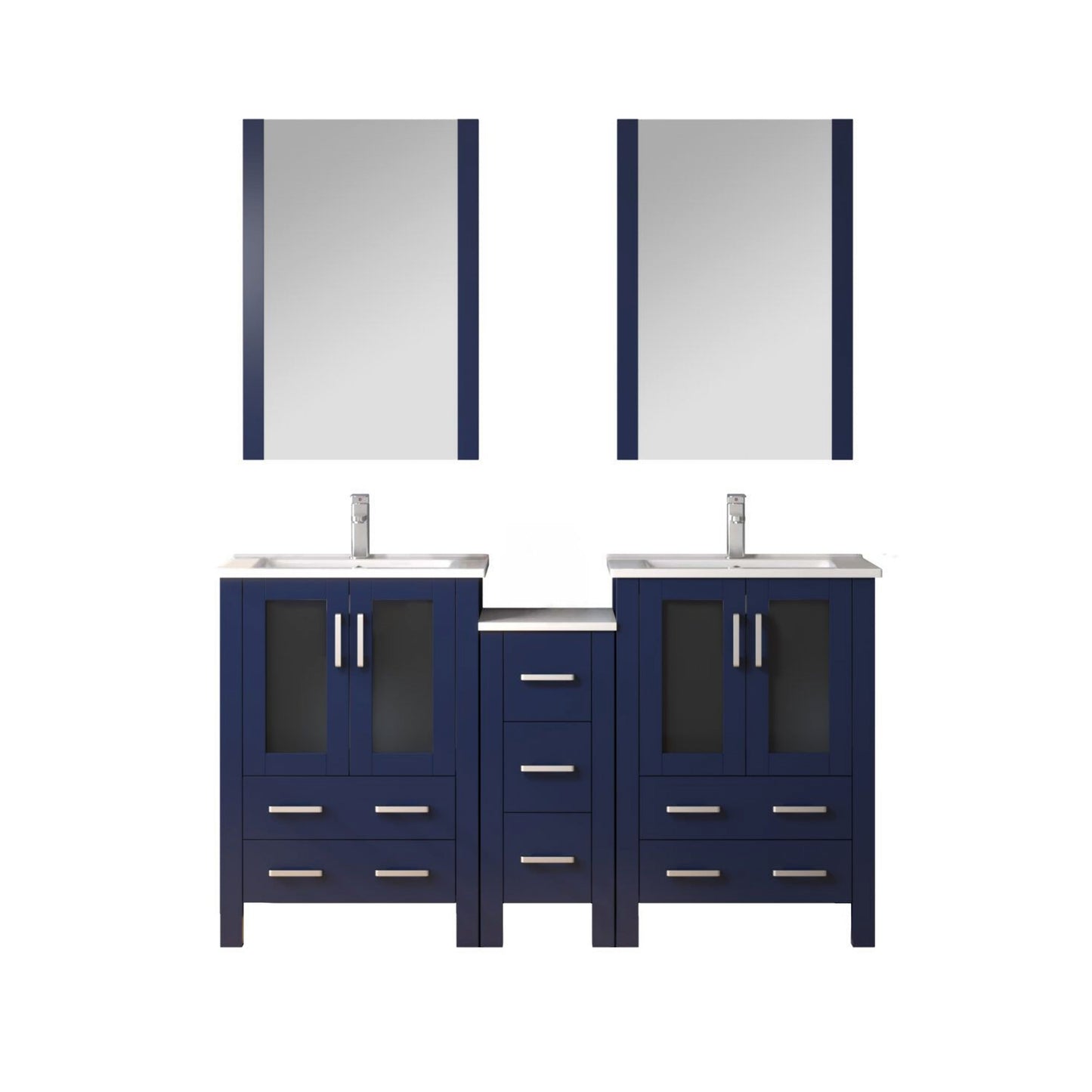 Volez 60 in W Navy Blue Double Bath Vanity with Side Cabinet, Faucet Set, White Ceramic Top, and 22 in Mirrors