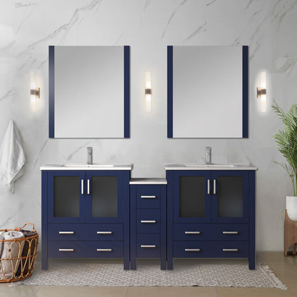 Volez 72 in W Navy Blue Double Bath Vanity with Side Cabinets, Faucet Set, White Ceramic Top, and 28 in Mirrors