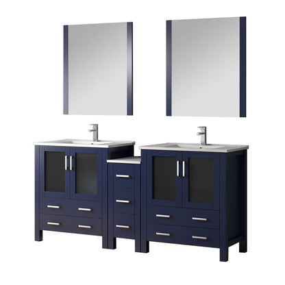 Volez 72 in W Navy Blue Double Bath Vanity with Side Cabinets, Faucet Set, White Ceramic Top, and 28 in Mirrors